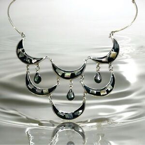 Vintage 60s Alpaca Mexican Silver Mother of Pearl Necklace Bib Dangle Crescent